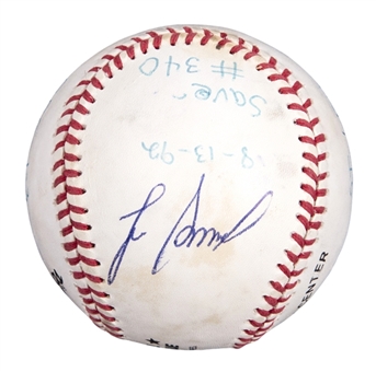 1992 Lee Smith Game Used/Signed Career Save #340 Baseball Used on 8/12/92 (Smith LOA)